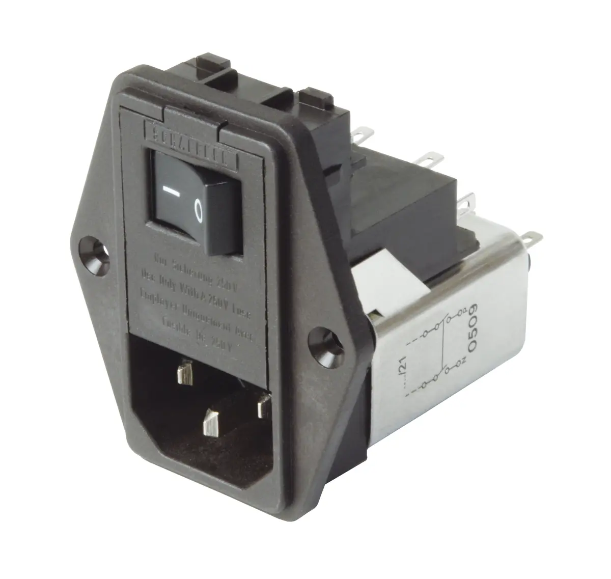 Schaffner 6A IEC/EN 60939 IEC Filterung Stecker mit 2-Pol Schalter 5 x 20 mm Sicherung, 250V ac, Frontplattenmontage