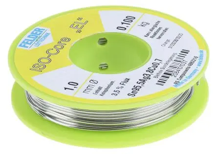 Produktfoto 1 von Felder Lottechnik Draht Lötzinn bleifrei 95.5 %Sn 0 %Pb 0.7 %Cu 3.8 %Ag, 217 °C, Ø 1 mm / 100 g