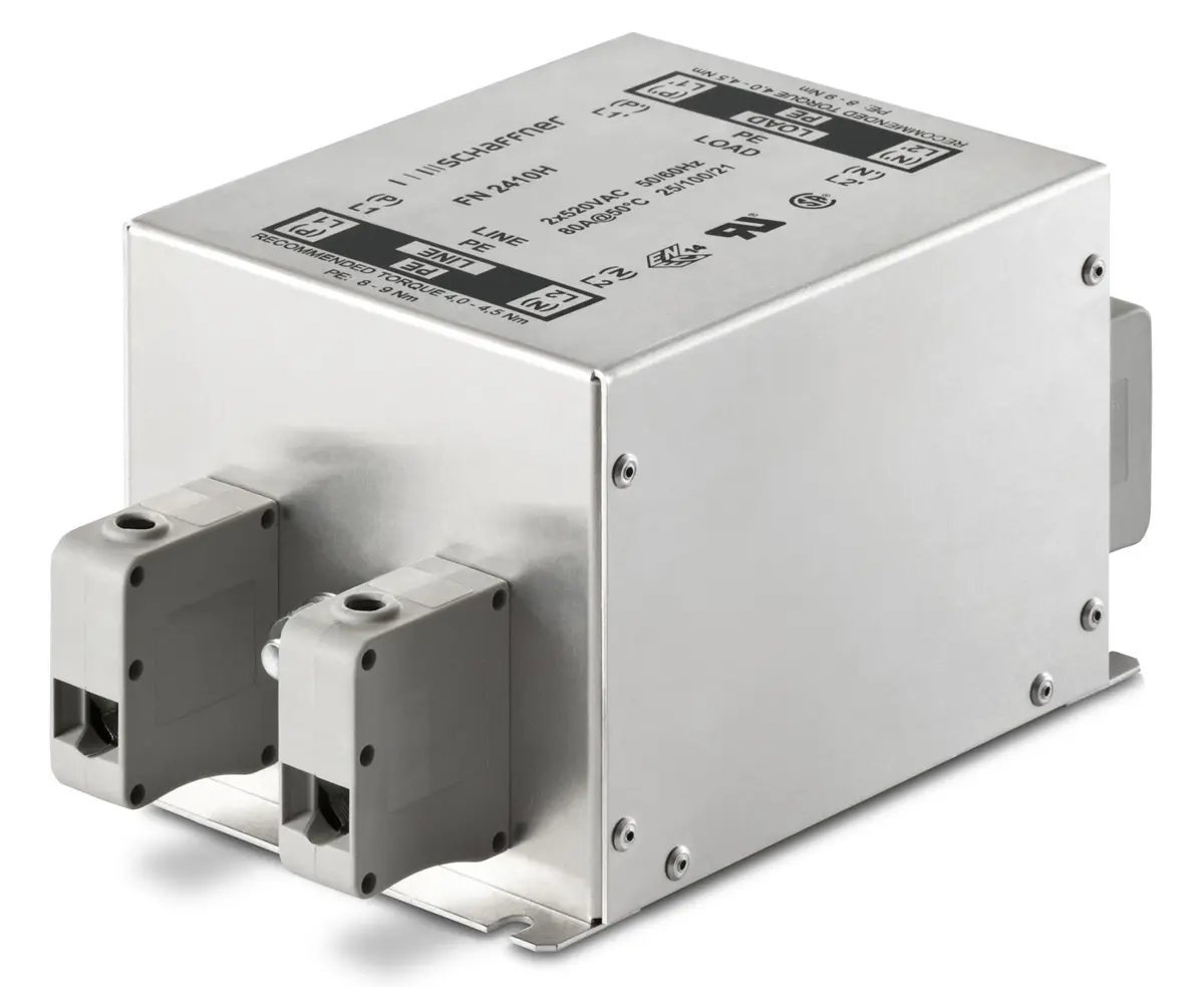 Schaffner FN2410H EMV-Filter, 520V ac, 100 A, Chassismontage 15.4 W, Anschlussklemmenblock, 2-phasig 3.4 mA / 250Hz 1