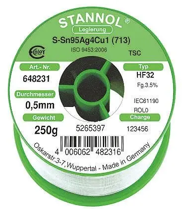 Produktfoto 1 von Stannol Draht Lötzinn bleifrei 95.5 %Sn 0 %Pb 0.7 %Cu 3.8 %Ag, 217 °C, Ø 0.5 mm / 250 g