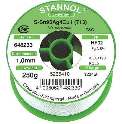 Produktfoto 1 von Stannol Draht Lötzinn bleifrei 95.5 %Sn 0 %Pb 0.7 %Cu 3.8 %Ag, 217 °C, Ø 1 mm / 250 g