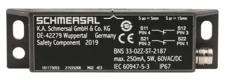 Produktfoto 1 von Schmersal BNS33 Magnetisch M8 Sicherheitsschalter aus Kunststoff, 2 Schließer, Kodierschalter
