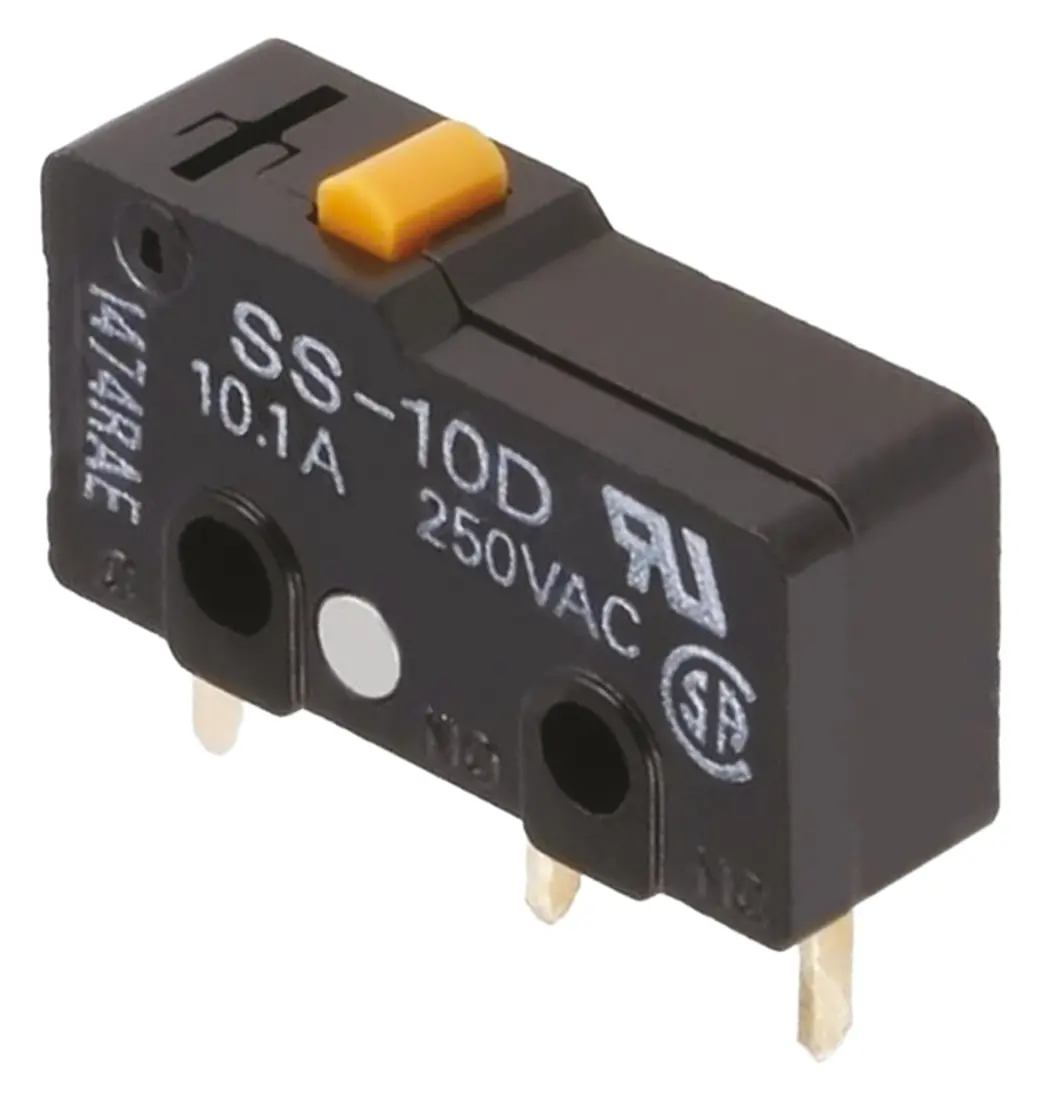 Produktfoto 1 von Omron Mikroschalter Stiftstößel-Betätiger Leiterplatten-Anschlussklemme, 1-poliger Umschalter, 250 V ac, 100mA IP40
