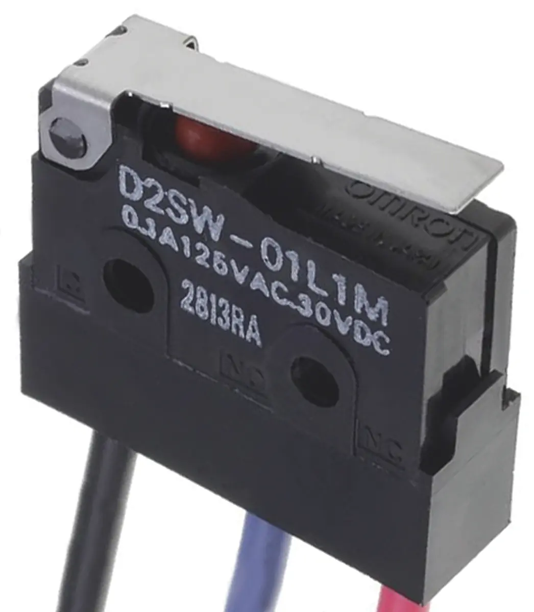 Produktfoto 1 von Omron Mikroschalter Scharnierhebel-Betätiger Vorverdrahtet, 1-poliger Umschalter, 30 V dc, 3A IP67 0.59N -40 °C - 85 °C