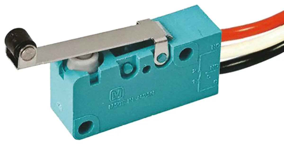 Produktfoto 1 von Panasonic Mikroschalter Rollenhebel-Betätiger Vorverdrahtet, 1-poliger Wechsler, 250 V ac, 24 V dc, 5A IP67 1.18N -40 °C