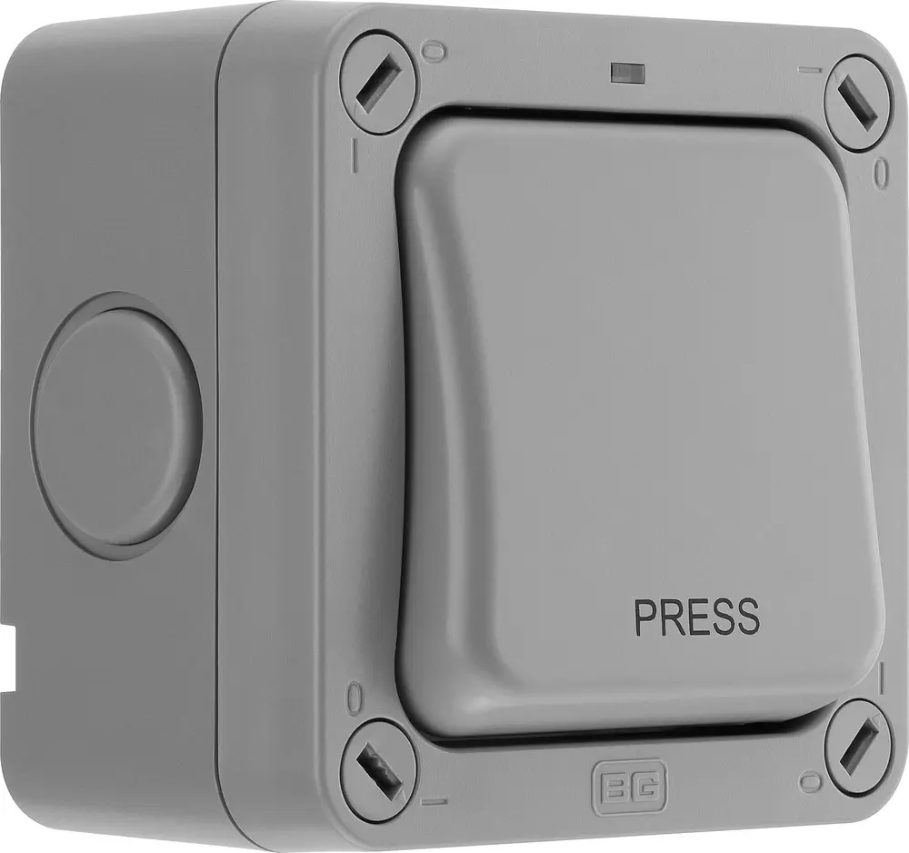 Produktfoto 1 von BG Electrical Storm Drucktaster Lichtschalter 1-teilig, 1-polig, 2 Wege Grau IP66 20 A, Polycarbonat
