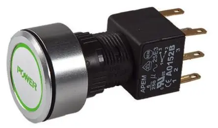 Produktfoto 1 von APEM A1 Druckschalter Grün Beleuchtet Rastend Panel Ø 22 mm, 2-poliger Umschalter / 6A, IP65