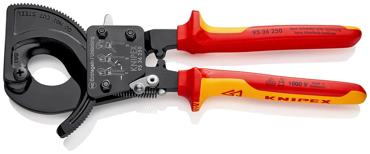 Produktfoto 1 von Knipex Knipex VDE 1000V zugelassen Mit Ratsche Kabelschneider Schließer (NO) 250 mm, Schneidleistung 32 mm