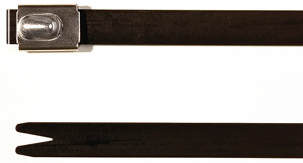 Produktfoto 1 von HellermannTyton MBT-FC Edelstahl mit Polyesterbeschichtung Kabelbinder Kugelverschluss Schwarz 7.9 mm x 201 mm