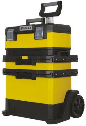 Produktfoto 1 von Stanley Kunststoff Werkzeugbox Gelb, Schwarz, L. 570 mm B. 410 mm H. 570 mm mit Rädern, Register