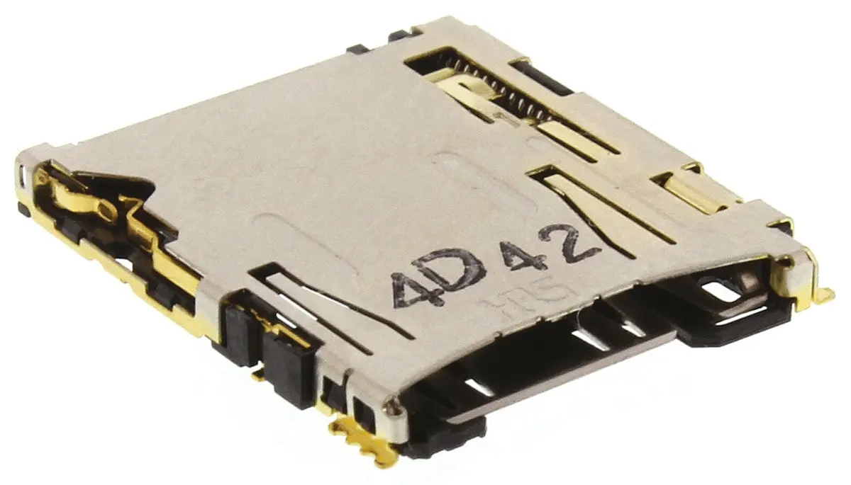 Produktfoto 1 von Hirose MicroSD, gewinkelt Steckverbinder für Speicherkarten Buchse, 8-polig / 1-reihig Lot, Raster 1.1 mm