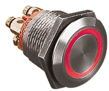 Produktfoto 1 von Bulgin MPI002 Druckschalter Blau, Rot Beleuchtet Tastend Panel Ø 19.2 mm, SPST / 50mA 24 V dc, IP66