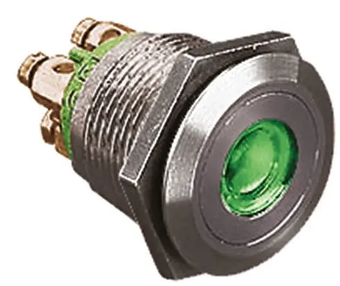 Produktfoto 1 von Bulgin MPI001 Druckschalter Grün Beleuchtet Tastend Panel Ø 19.2 mm, SPST / 50 mA 24 V dc, IP66