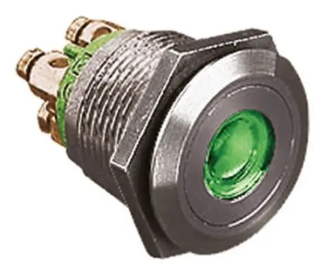 Produktfoto 1 von Bulgin MPI001 Druckschalter Grün Beleuchtet Tastend Panel Ø 19.2 mm, SPST / 50mA 24 V dc, IP66