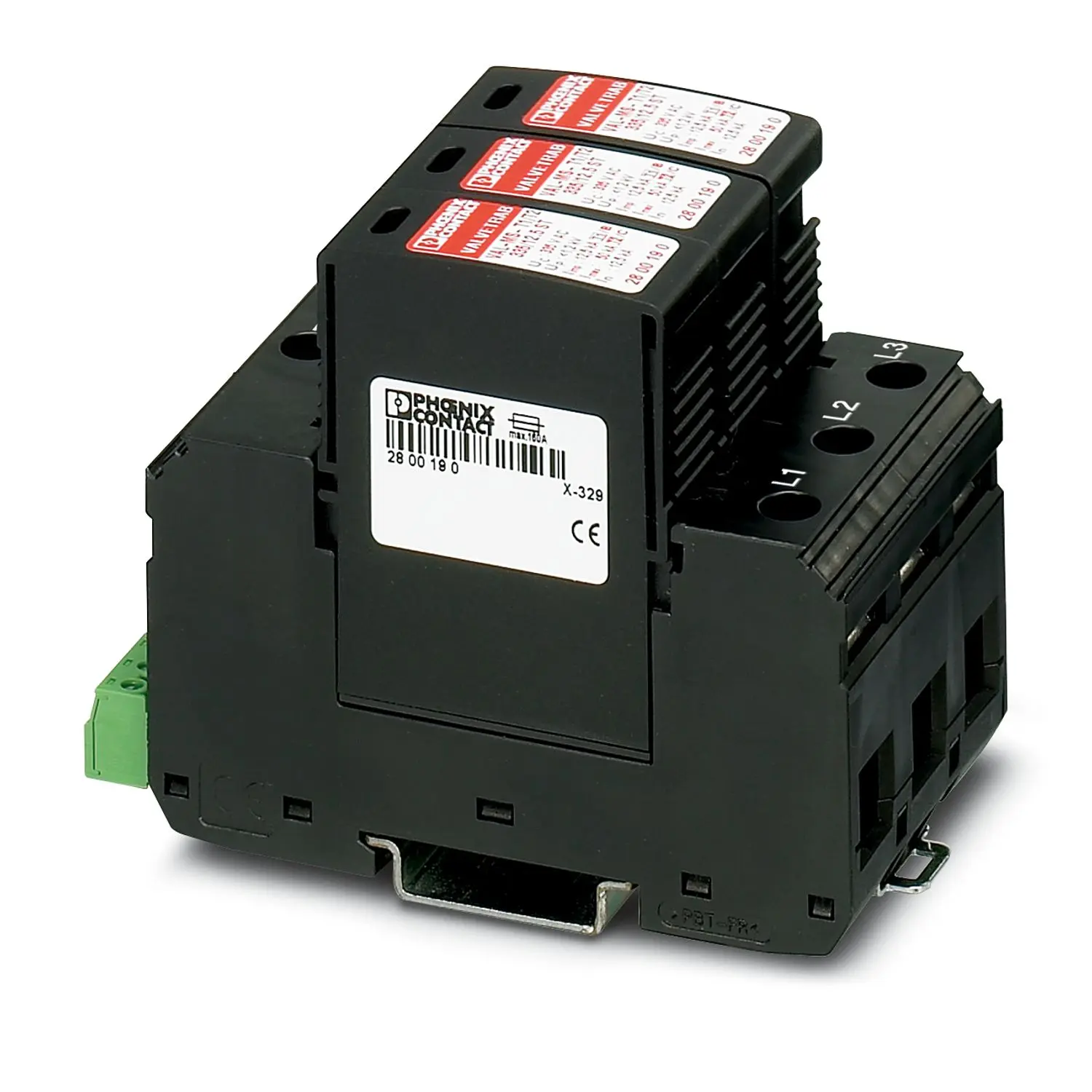 Produktfoto 1 von Phoenix Contact, Überspannungsschutz, 3-phasig, 250 V ac 50 kA DIN-Hutschiene VAL-MS-T1/T2 335/12.5/3+0-FM