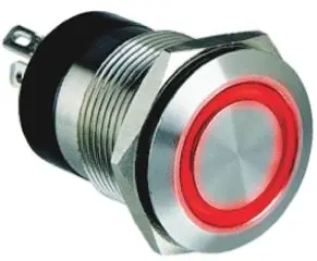 Produktfoto 1 von Bulgin MPI002 Druckschalter Rot Beleuchtet Tastend Panel Ø 19.2 mm, SPST / 50mA 24 V dc, IP66