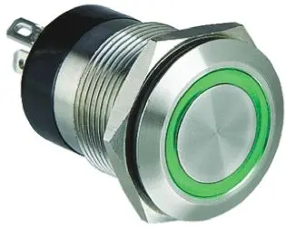 Produktfoto 1 von Bulgin MPI002 Druckschalter Grün Beleuchtet Tastend Panel Ø 19.2 mm, SPST / 50mA 24 V dc, IP66
