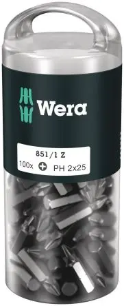Produktfoto 1 von Wera 1/4 in PH2 Schraubbit, Sechskant Edelstahl, 100-teilig