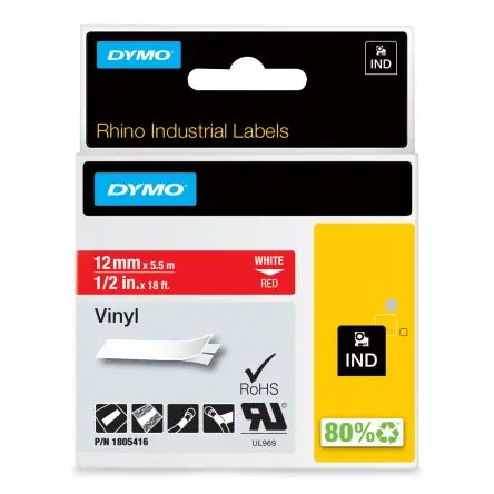 Produktfoto 1 von Dymo Beschriftungsband Weiß für Rhino 6000, Rhino 5200, Rhino 4200 auf Rot 5.5 m 12 mm