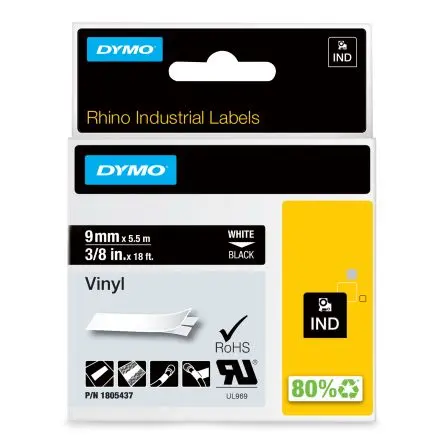 Produktfoto 1 von Dymo Beschriftungsband Weiß für Rhino 5200, Rhino 4200, Rhino 6000 auf Schwarz 5.5 m 9 mm