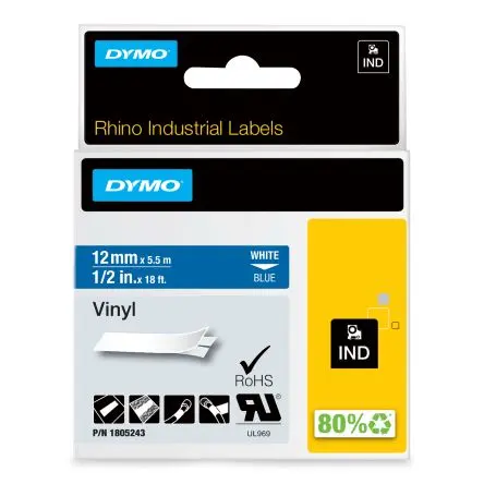 Produktfoto 1 von Dymo Beschriftungsband Weiß für Rhino 6000, Rhino 4200, Rhino 5200 auf Blau 5.48 m 12 mm