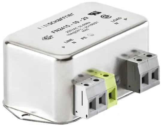 Schaffner FN2415 EMV-Filter, 250V ac, 10 A, Fahrgestell 2.4 W, Stecker, 1-phasig 9.4 mA / 60 Hz 1 Zustände