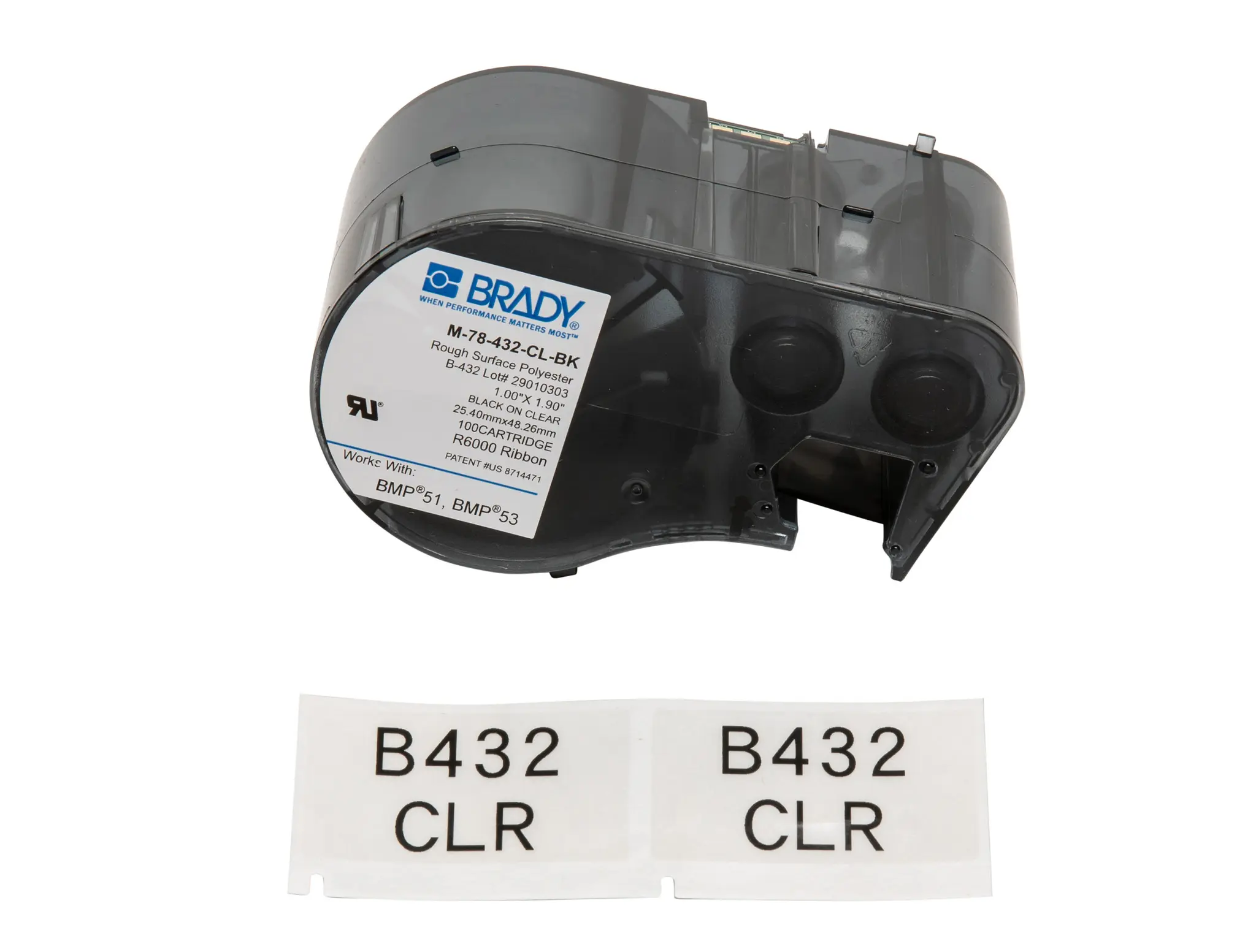 Produktfoto 1 von Brady B-432 Beschriftungsband Schwarz für BMP51, BMP53 auf Schwarz auf Transparent, 48.26mm