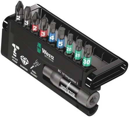 Produktfoto 1 von Wera Sechskant Sechskant Schlagkörper, Diamant-Spitze 1/4 in Hex 4, Hex 5, PH2, PH3, PZ2, PZ3, T25, T30, T40, 10-teilig