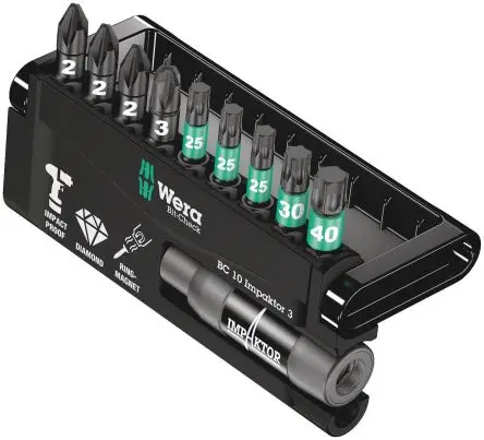 Produktfoto 1 von Wera Sechskant Sechskant Schlagkörper, Diamant-Spitze 1/4 in PZ2, PZ3, T25, T30, T40, Länge 75 mm, 10-teilig
