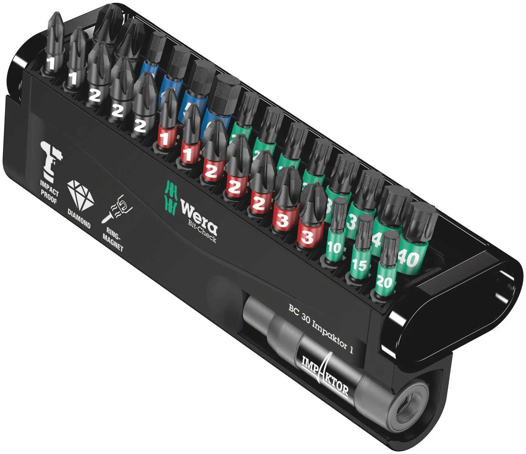Produktfoto 1 von Wera Sechskant Sechskant Bitsatz schlagfest, Diamant-Spitze Hex 3, Hex 4, Hex 5, Hex 6, PH1, PH2, PH3, PZ2, PZ3, T20,