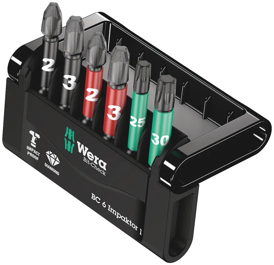 Produktfoto 1 von Wera Sechskant Sechskant Bitsatz schlagfest, Diamant-Spitze 1/4 in PH2, PH3, PZ2, PZ3, T25, T30, Länge 50 mm, 6-teilig