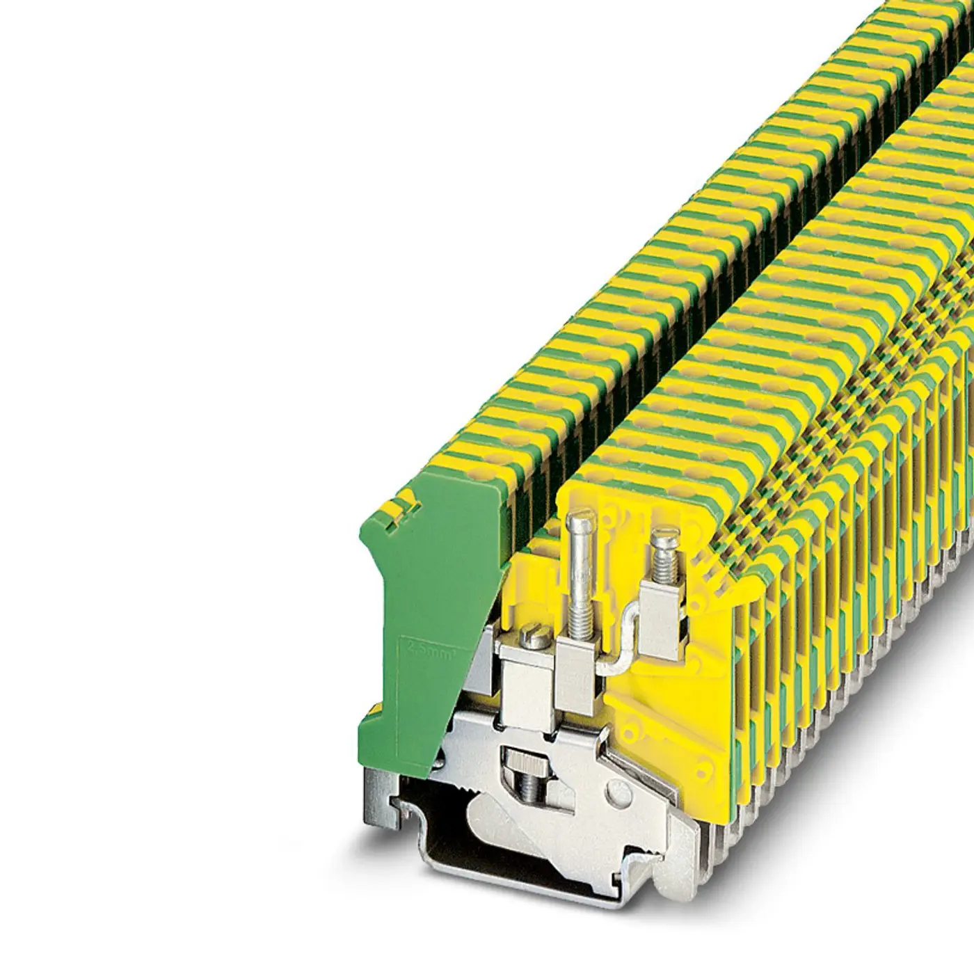 Produktfoto 1 von Phoenix Contact UK 3-TWIN-PE Schutzleiterklemme 2 Grün, Gelb, 0.2mm², 2.5 mm², 600V Schraubbefestigung Abgesichert