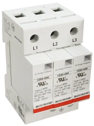 Produktfoto 1 von Bourns 1250 Überspannungsableiter 3-poliger Protektor 50 kA 600V ac, DIN-Hutschiene, -50 °C→85 °C