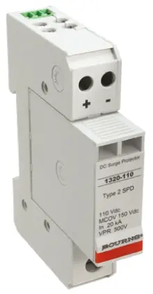 Produktfoto 1 von Bourns 1320 Überspannungsableiter 2-poliger Protektor 40 kA 150V dc, DIN-Hutschiene, -40 °C→85 °C