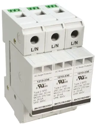 Bourns 1210 Überspannungsableiter 3-poliger Protektor 100 kA 415V ac, DIN-Hutschiene, -50 °C→85 °C