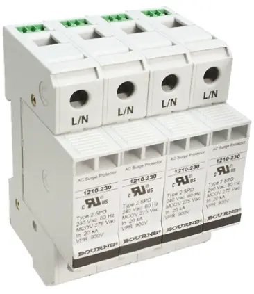 Produktfoto 1 von Bourns 1210 Überspannungsableiter 4-poliger Protektor 100 kA 415V ac, DIN-Hutschiene, -50 °C→85 °C
