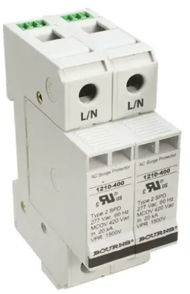 Produktfoto 1 von Bourns 1210 Überspannungsableiter 2-poliger Protektor 100 kA 600V ac, DIN-Hutschiene, -50 °C→85 °C