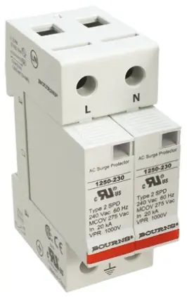 Produktfoto 1 von Bourns 1250 Überspannungsableiter 2-poliger Protektor 50 kA 415V ac, DIN-Hutschiene, -50 °C→85 °C
