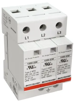 Produktfoto 1 von Bourns 1250 Überspannungsableiter 3-poliger Protektor 50 kA 415V ac, DIN-Hutschiene, -50 °C→85 °C
