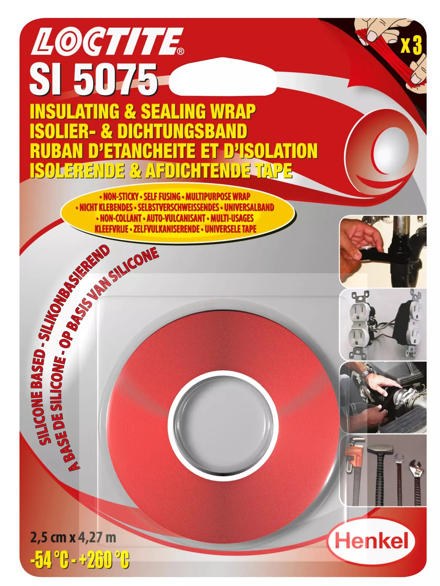 Produktfoto 1 von Loctite 5075 Silikon Isolierband Rot,  Stärke  0.5 mm x 25 mm x 4.27 m, -54 °C bis 260 °C