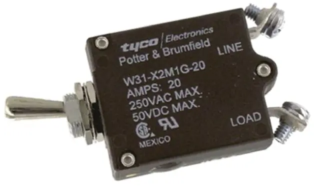 Produktfoto 1 von TE Connectivity W31 Thermischer Überlastschalter / Thermischer Geräteschutzschalter, 1-polig, 20A, 50 V dc, 240V ac,