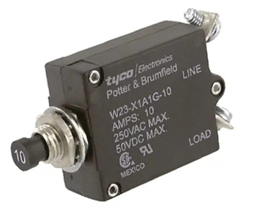 Produktfoto 1 von TE Connectivity W23 Thermischer Überlastschalter / Thermischer Geräteschutzschalter, 1-polig, 10A, 50 V dc, 250V ac,