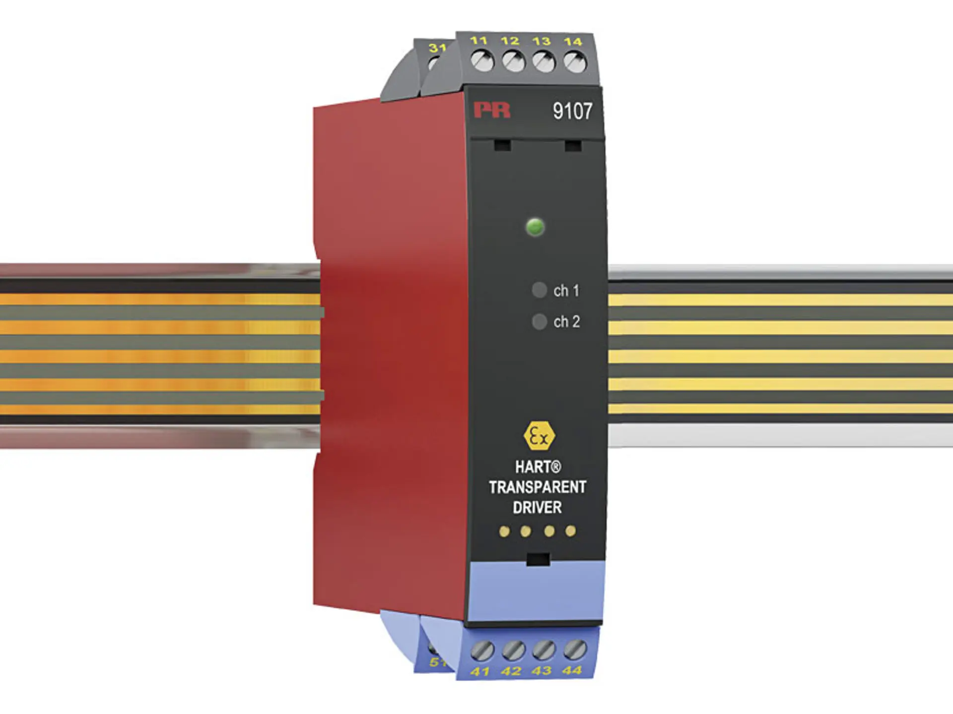 Produktfoto 1 von PR Electronics Serie 9100 HART-transparenter Treiber 19.2/31.2 V dc, Strom / Strom, Relais DIN-Hutschiene, ATEX