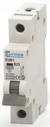 Produktfoto 1 von Europa EUB1 Miniaturüberlastschalter Typ B, Pol 1-polig 25A 240V ac, Abschaltvermögen 6 kA EUB1