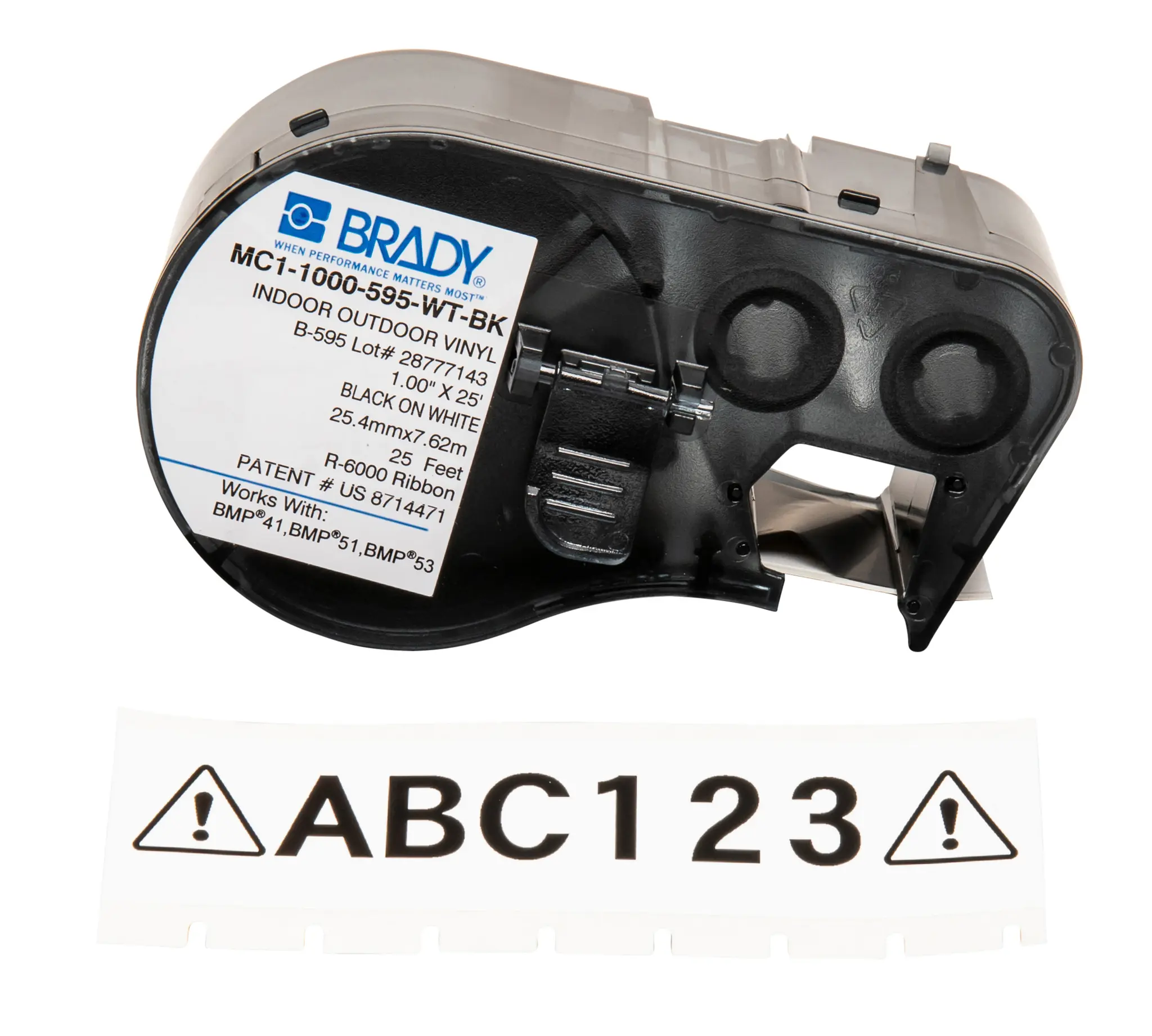 Produktfoto 1 von Brady B-595 Beschriftungsband Schwarz für BMP41, BMP51, BMP53 auf Schwarz auf Weiß
