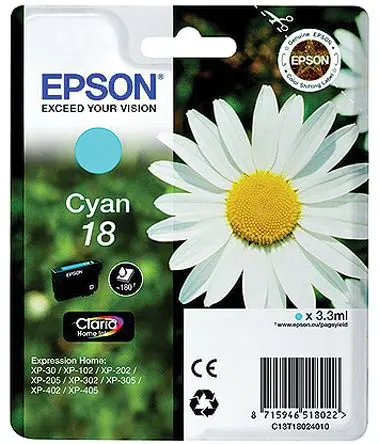 Epson 18 Tintenpatrone für XP-305, XP-202, XP-30, XP-402, XP-102, XP-205, XP-302, XP-405 Zyan Seitenertrag 180