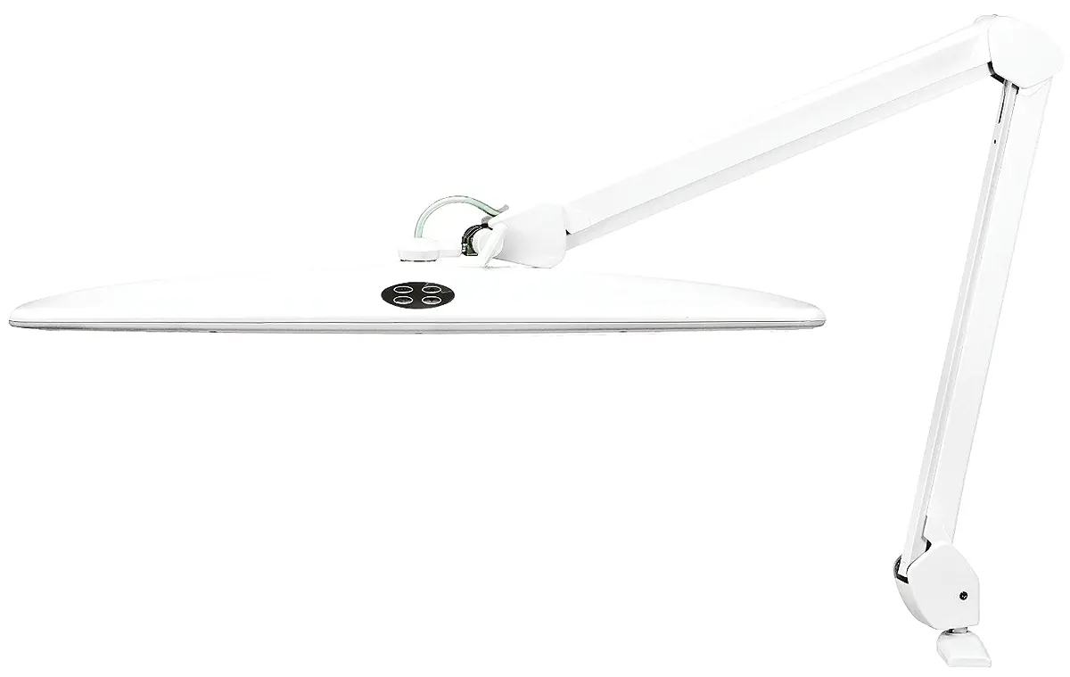Produktfoto 1 von RS PRO LED Tischleuchte Typ G, Typ C Klemme, Einstellbarer Arm Weiß, 230 V ac / 21 W Leuchtmittel inkludiert