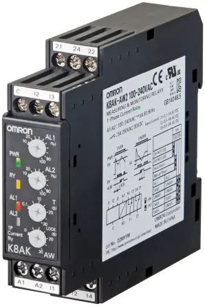Omron K8AK-AW Überwachungsrelais 1-phasig, 1-poliger Umschalter Unterstrom, Überstrom 10A - 200A, DIN-Hutschiene, 24 V