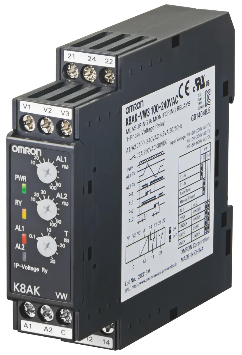 Produktfoto 1 von Omron K8AK-VW Überwachungsrelais 1 → 10 V ac/dc, 15 → 150 V ac/dc, 3 → 30V ac/dc 1-phasig,