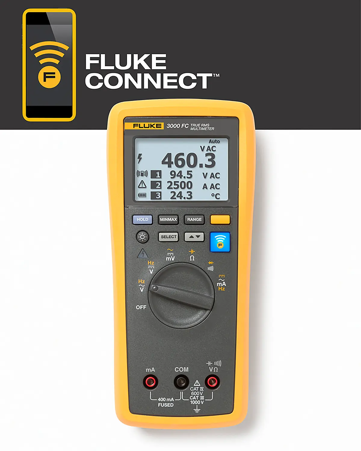 Produktfoto 1 von Fluke 3000 FC Hand LCD Digital-Multimeter, CAT III, CAT IV 1000V ac / 400mA ac, 50MΩ, DKD/DAkkS-kalibriert